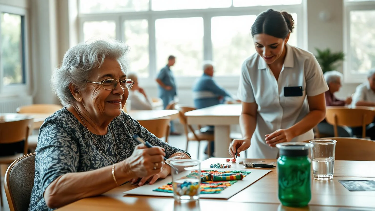 Idosa sorrindo em atividade de grupo com uma cuidadora em um centro-dia para idosos em Brasília, com outros idosos convivendo ao fundo