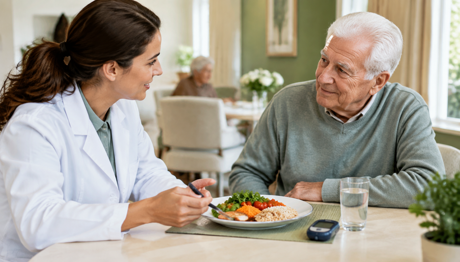 Nutricionista orienta idoso sobre alimentação saudável com medidor de glicemia na mesa, ilustrando cuidados com diabetes em idosos