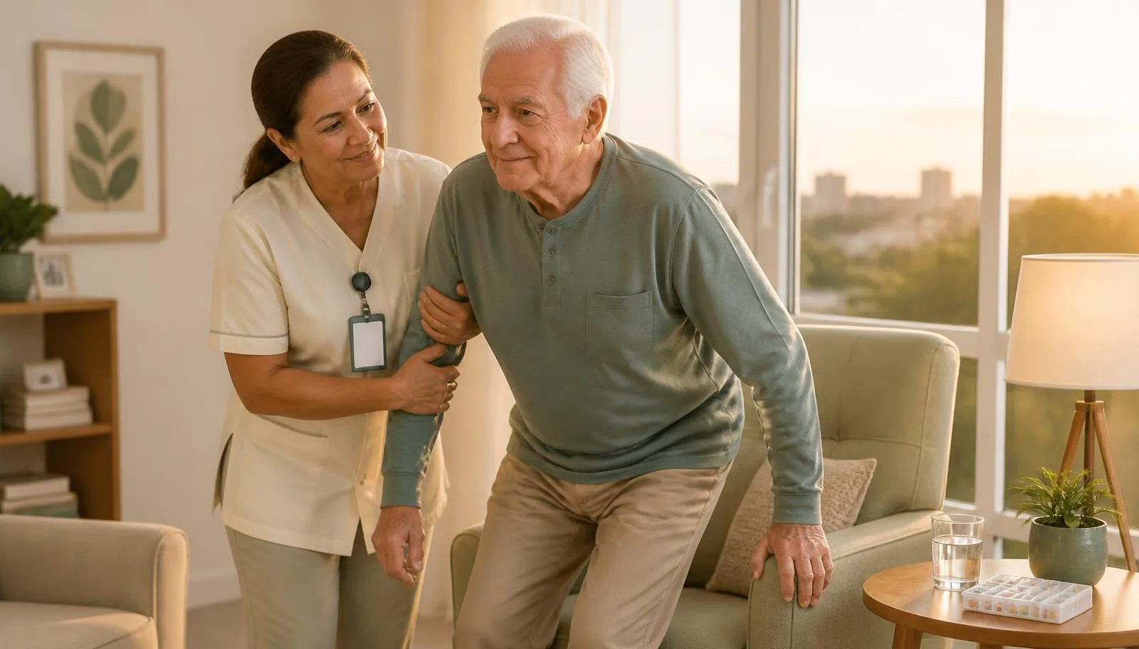Cuidadora ajudando idoso a se levantar da poltrona em casa, ilustrando home care 24 horas para idosos em Brasília